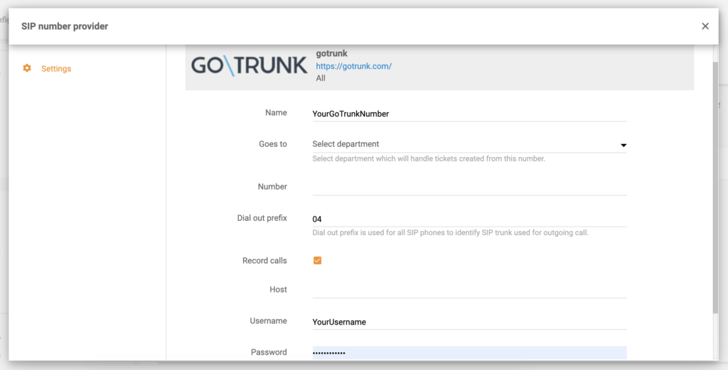 GoTrunk final configuration in LiveAgent