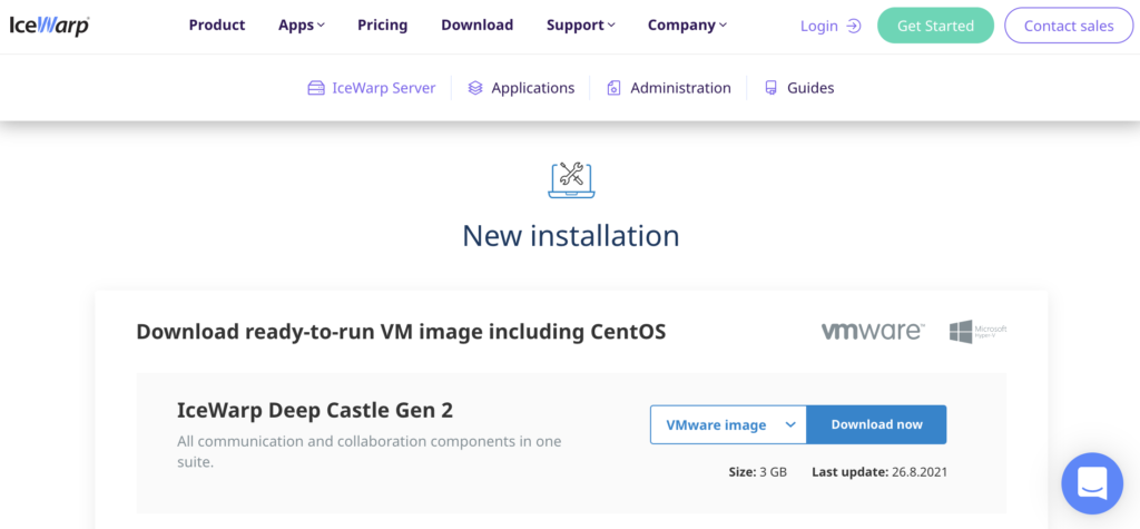 IceWarp webbplats med installationssektion och nedladdningslänkar