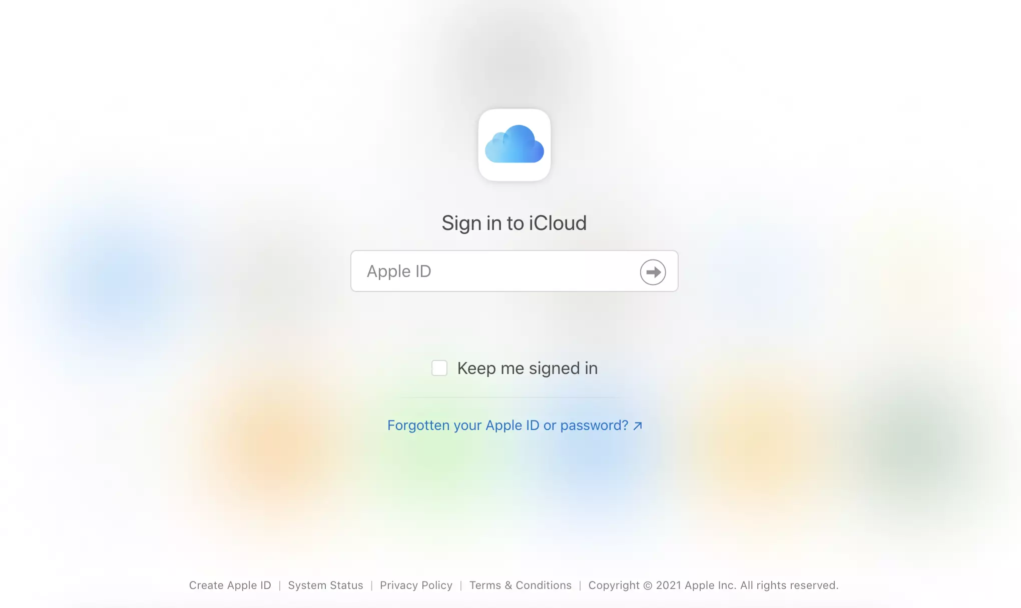 iCloud webbplats med inloggningsalternativ