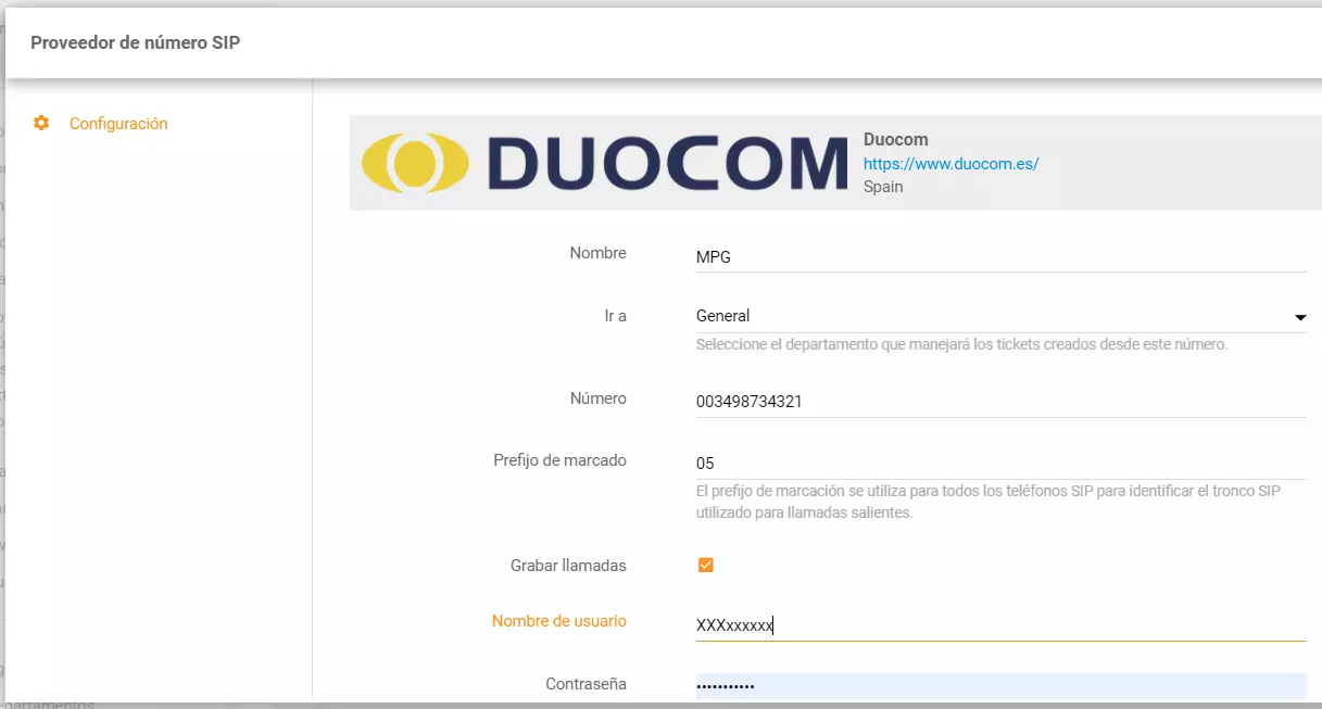 Configure Duocom phone number in LiveAgent