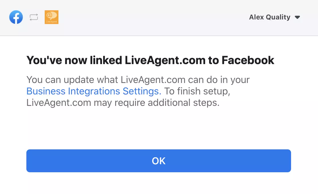 Popup-fönster som bekräftar den lyckade integrationen mellan Facebook och LiveAgent