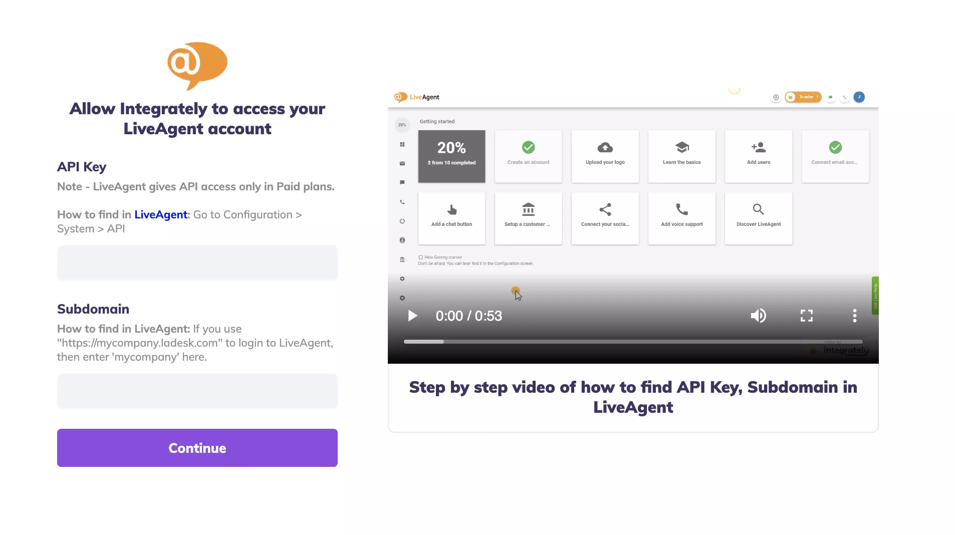 API-nyckel och subdomänfält i Integrately-integrationstest