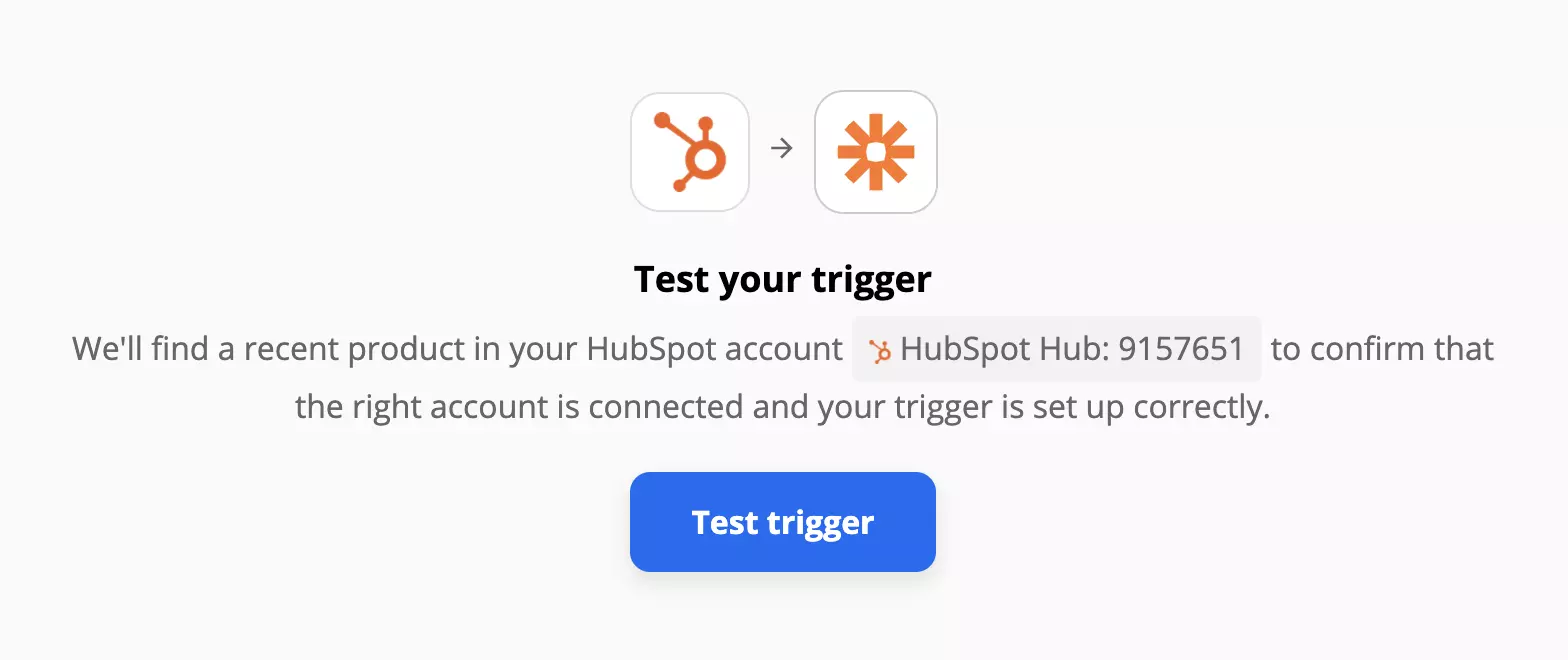 Ett HubSpot trigger test på Zapier