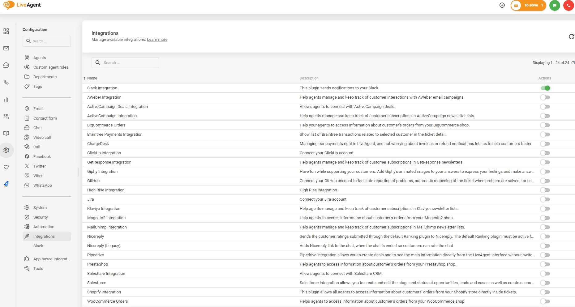Aktivera integrationer i LiveAgent