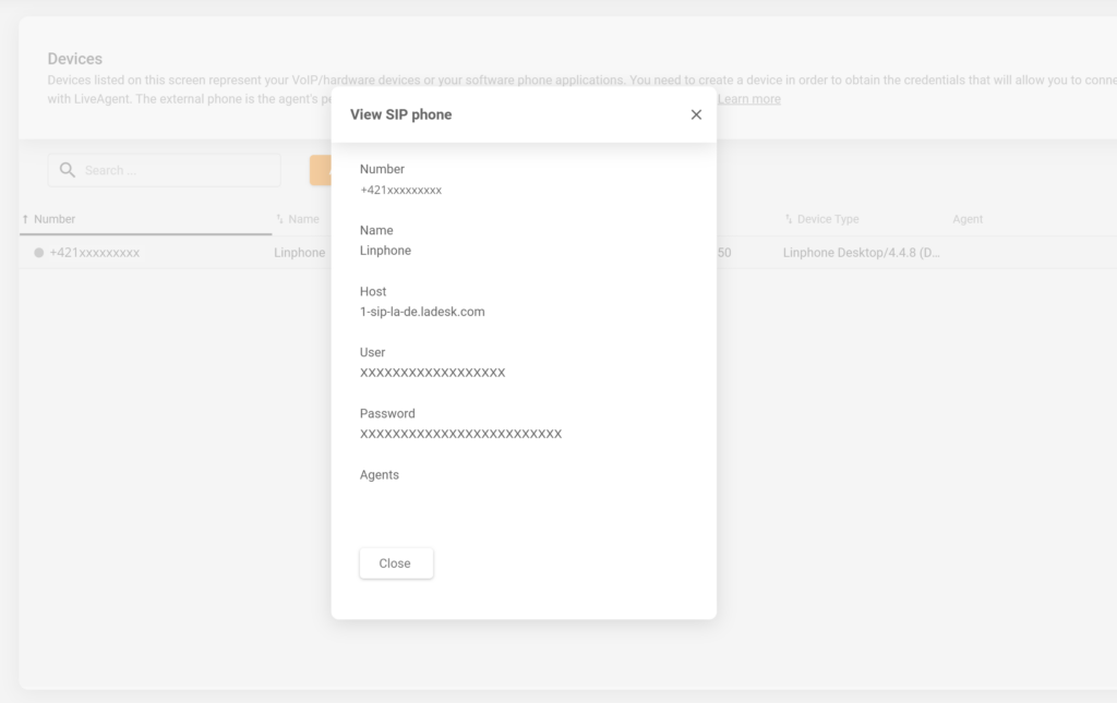 LiveAgent SIP-enhetskonfiguration