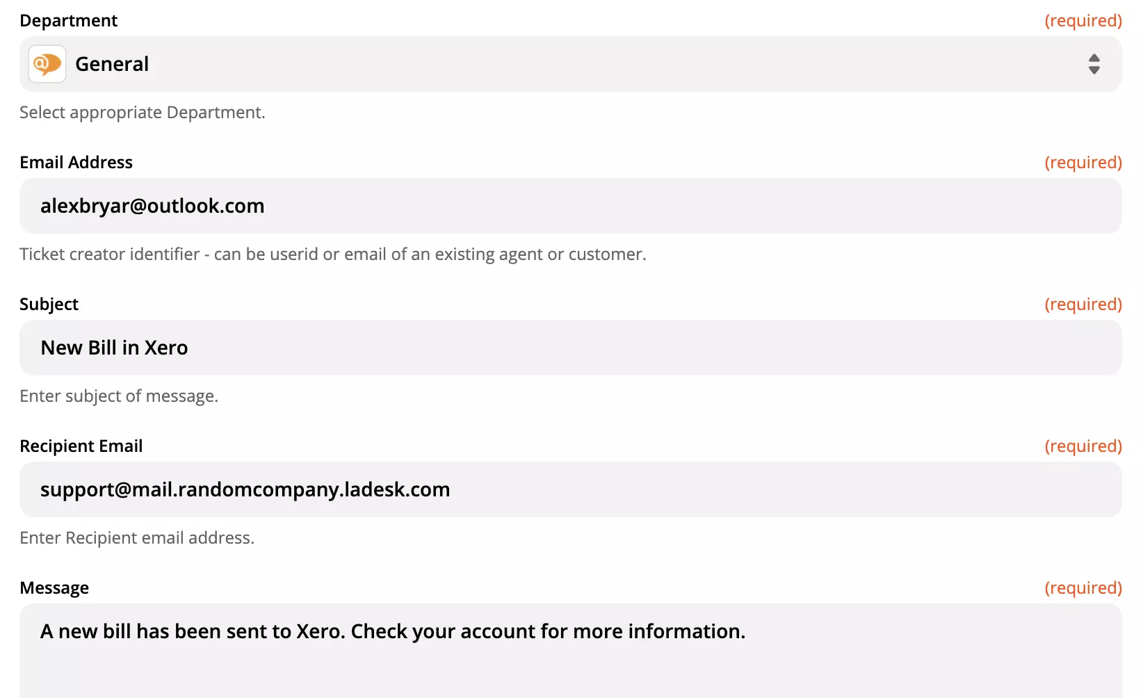 LiveAgent-åtgärd konfigurationsalternativ på Zapier-webbplatsen