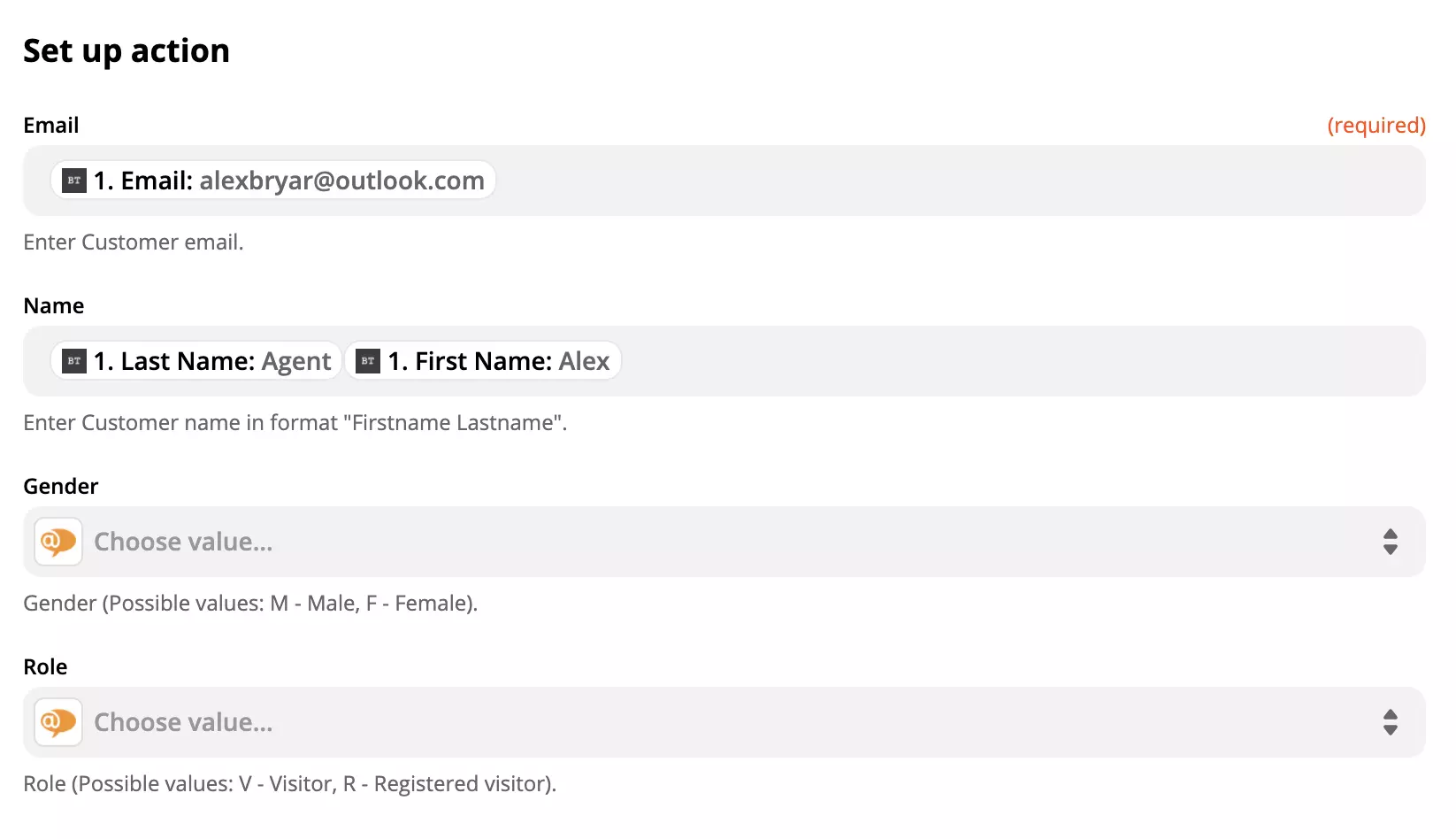 LiveAgent-åtgärdskonfiguration med data i fält på Zapier