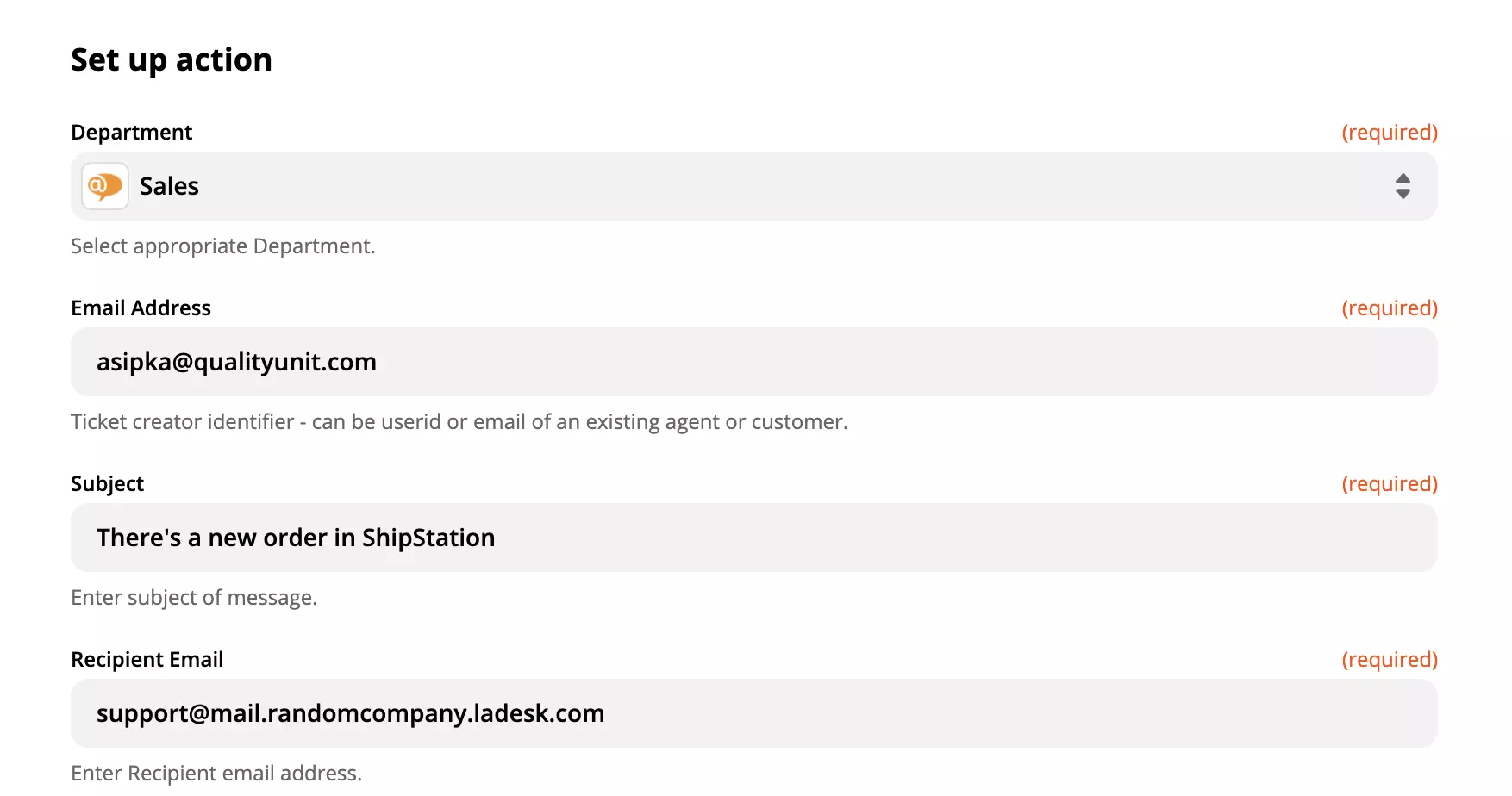 LiveAgent-åtgärdskonfiguration