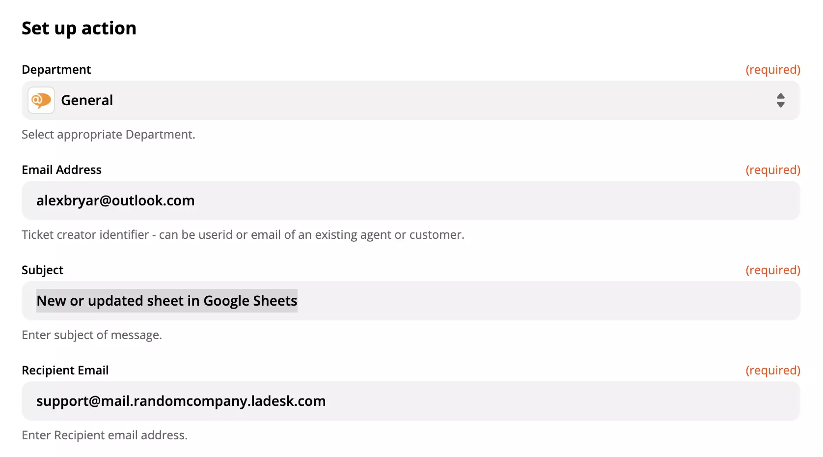 LiveAgent-åtgärdskonfiguration i Google Sheets integration