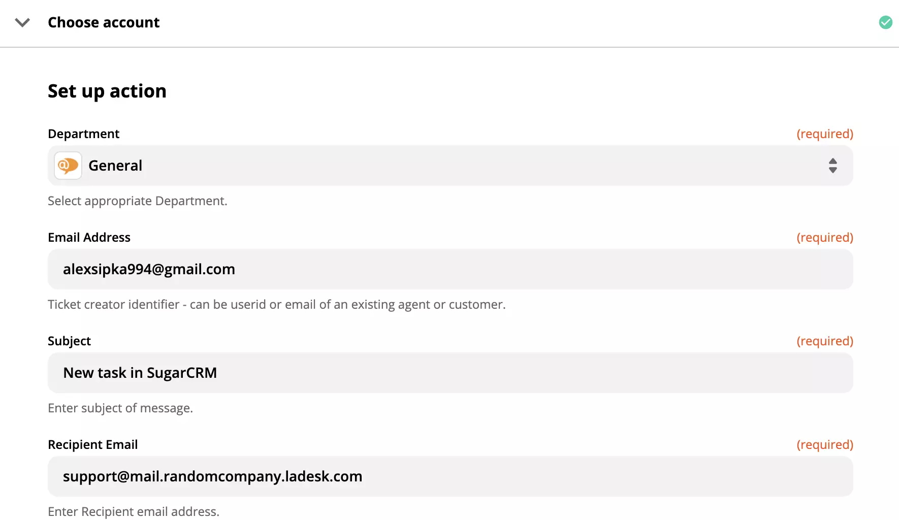 LiveAgent-åtgärdsinställning med obligatoriska fält