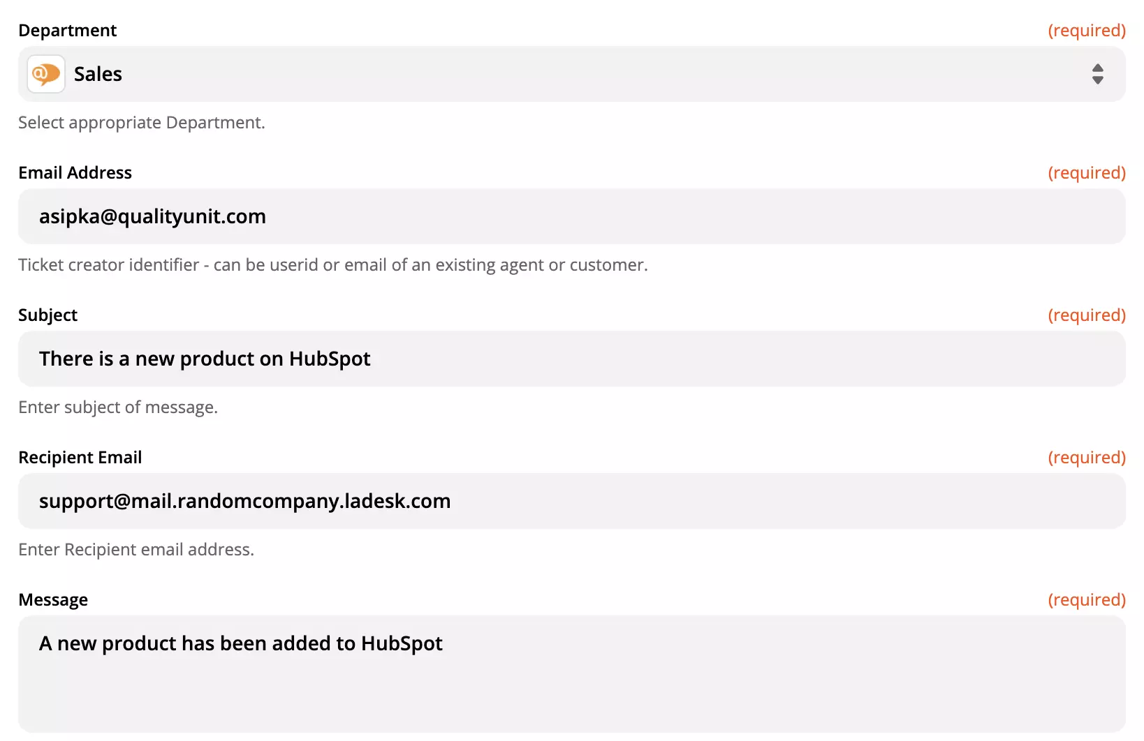 LiveAgent åtgärdsinställning på Zapier