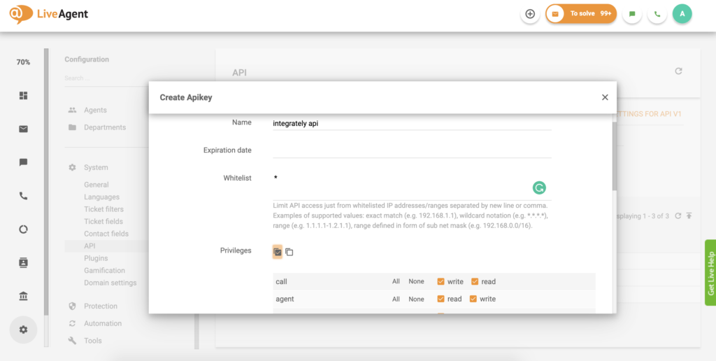 API-nyckelinställning i LiveAgent