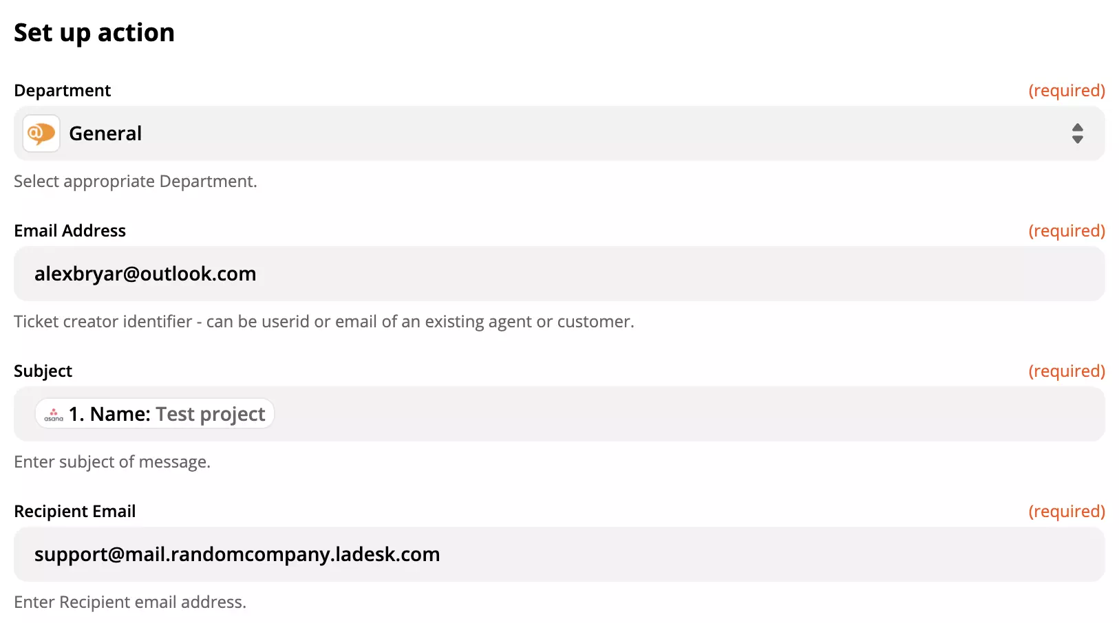 LiveAgent åtgärdskonfiguration i Asana-integration på Zapier