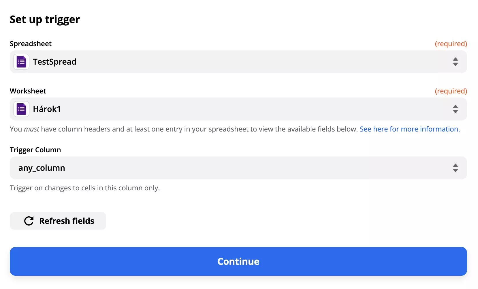 Exempel på Google Forms trigger-inställning med ifyllda fält