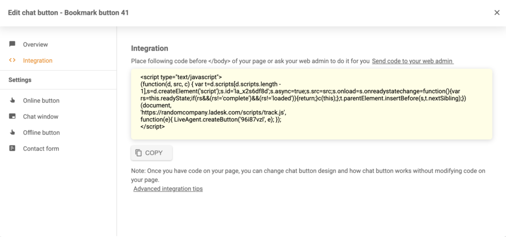 Genererad integrationskod för chatt-knapp i LiveAgent