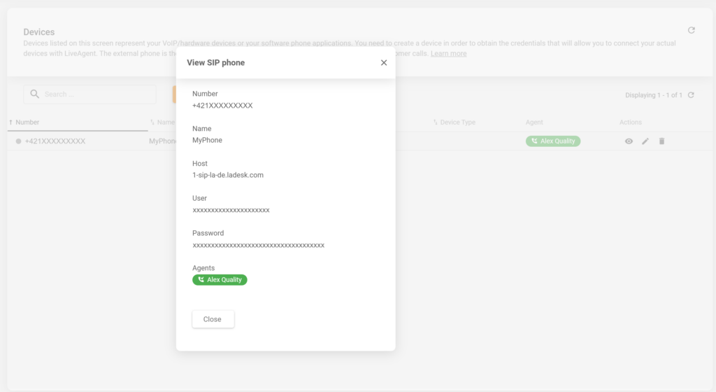 Detaljer för en nyligen skapad SIP-telefon i LiveAgent-konfiguration