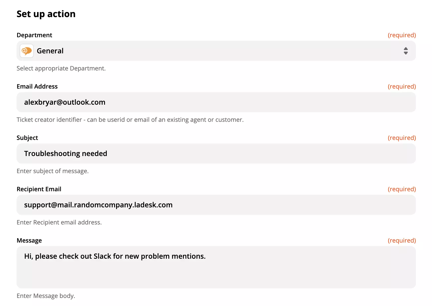 Ifylld LiveAgent-åtgärdskonfiguration