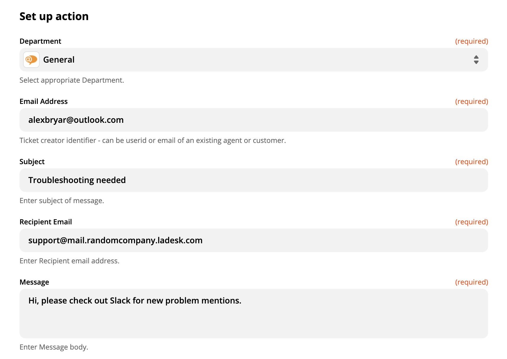 Demonstration av en LiveAgent-åtgärdsinställning på Zapier