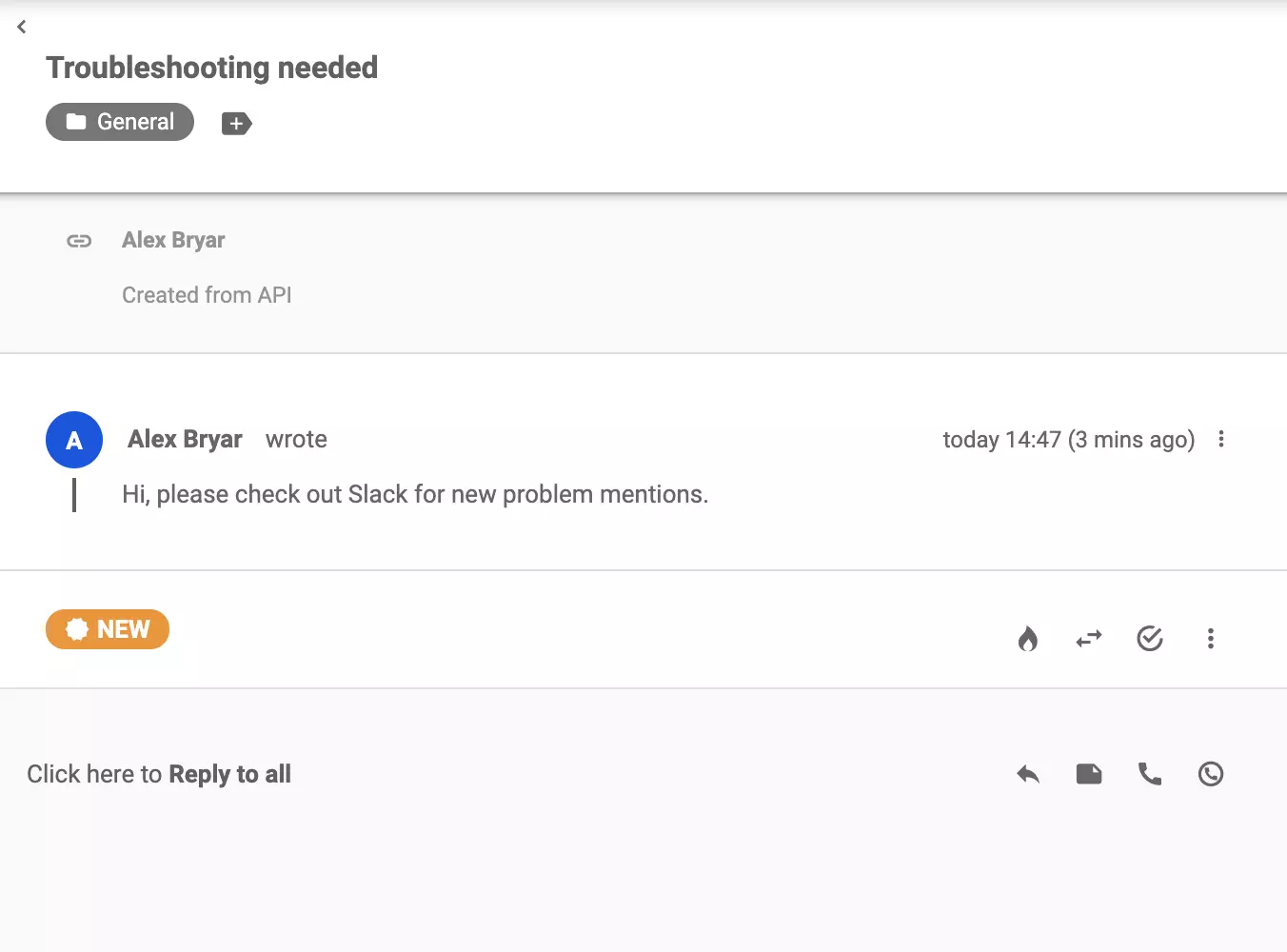 Ett ärende skickat till LiveAgent efter att ett nyckelord dök upp i Slack