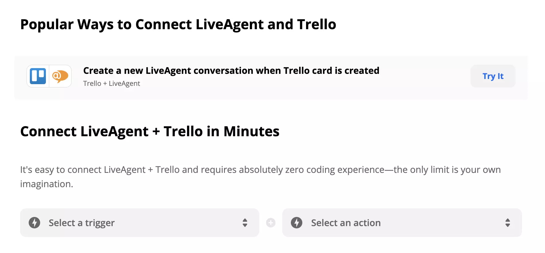 LiveAgent och Trello-integration på Zapier med Trigger- och Action-val