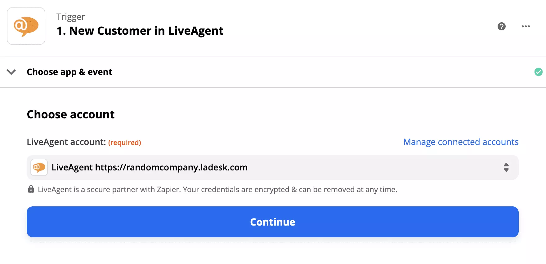 LiveAgent-triggerinställning i Giphy-integration på Zapier