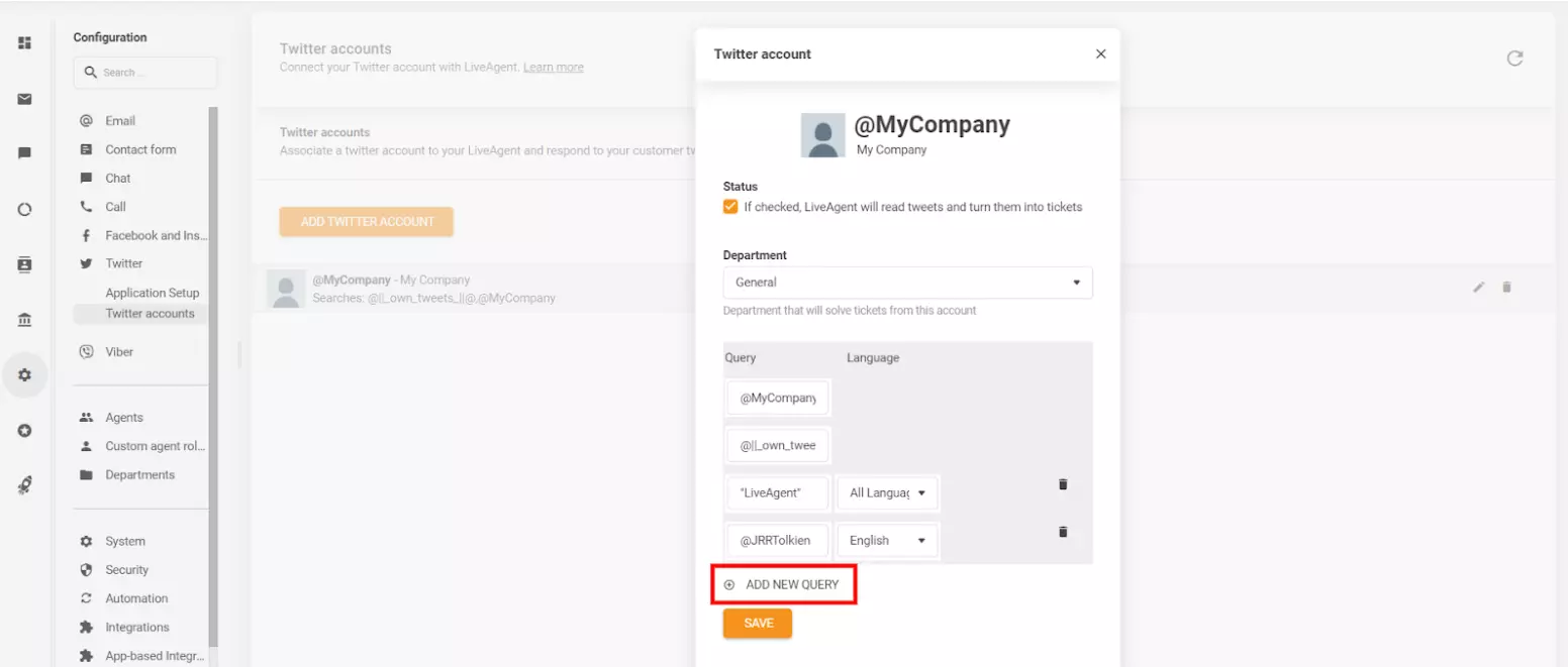 Bild visar hur man definierar specifika parametrar och anpassar vilka tweets (inlägg) du vill göra om till ärenden