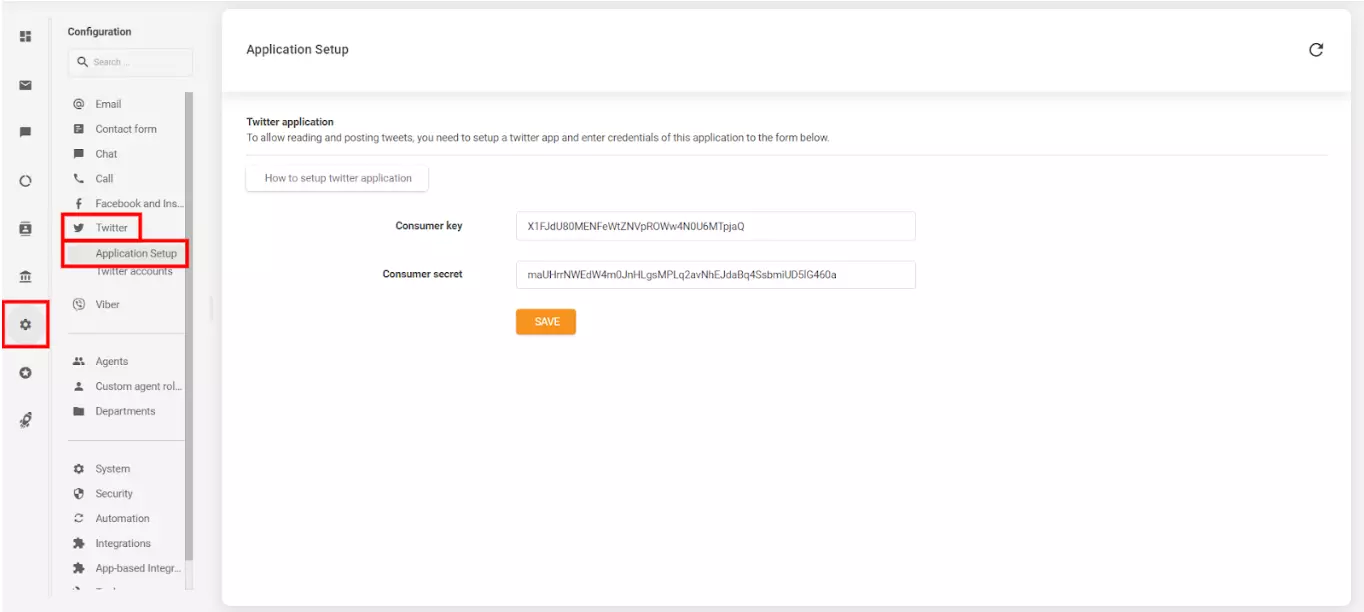 Bild visar var och hur du ansluter ditt LiveAgent-konto med ditt skapade Twitter (X)-konto