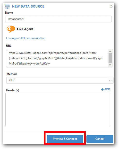 Bold BI Förhandsgranska och Anslut-knapp