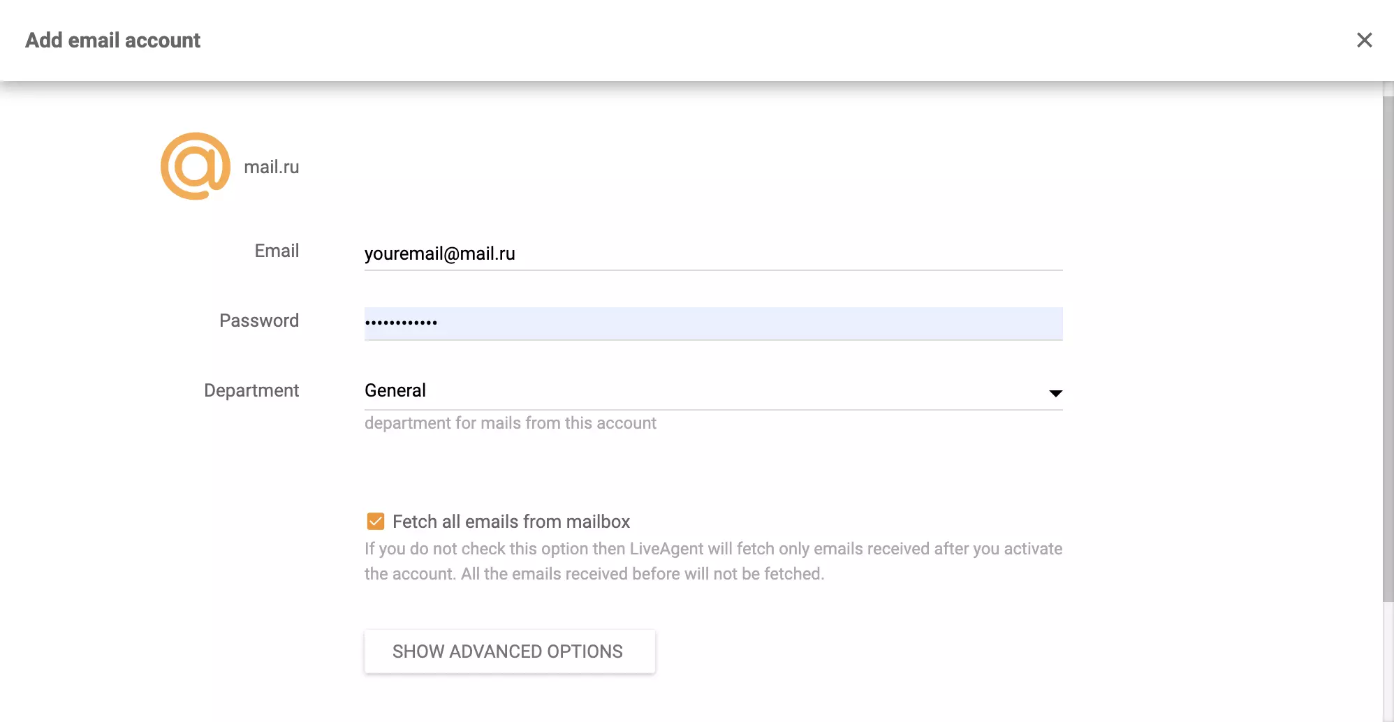 Mail.ru-konfiguration i LiveAgent