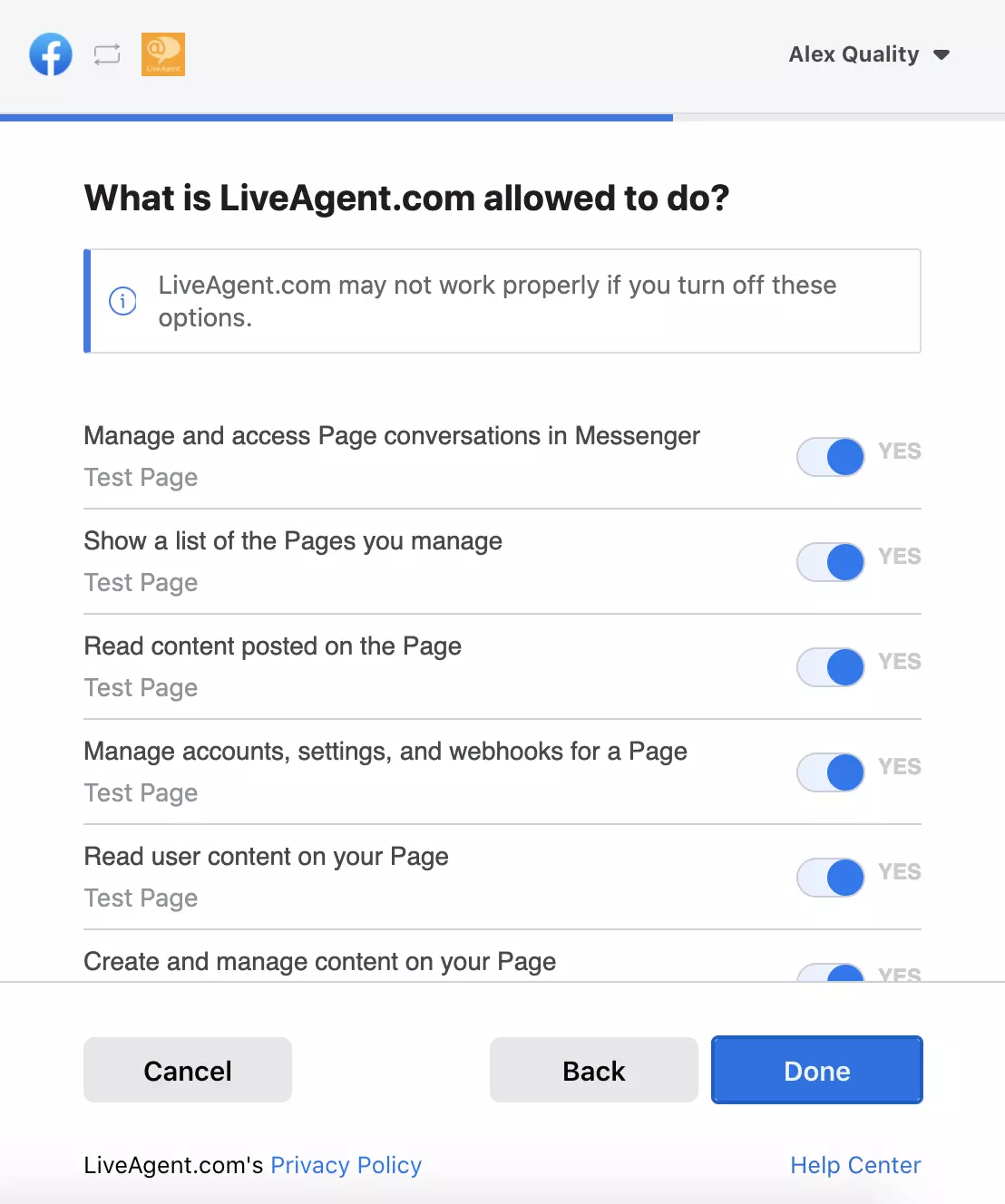 Lista över behörigheter som visar vilken data som kan nås av LiveAgent