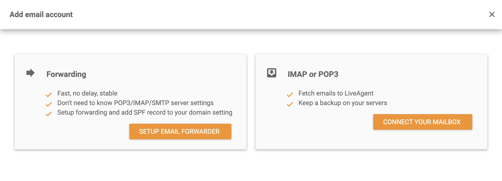 Forwarding or IMAP/POP3 integration selection