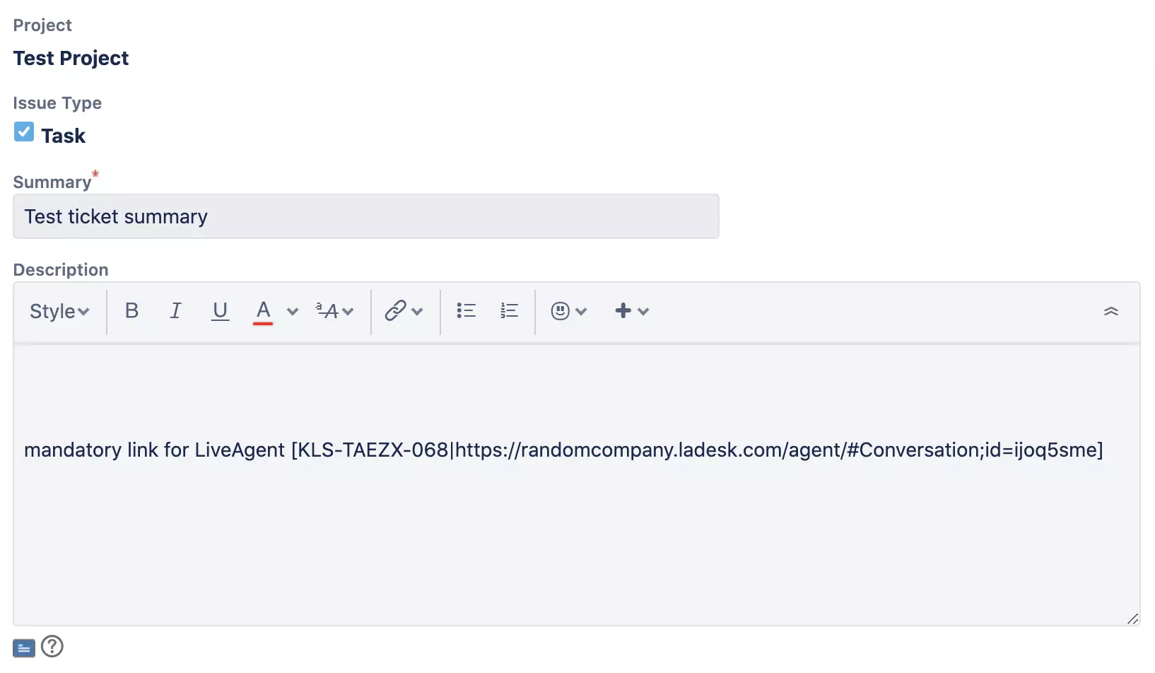 Ett nytt Jira-fönster med skapande och beskrivning av det nya ärendet