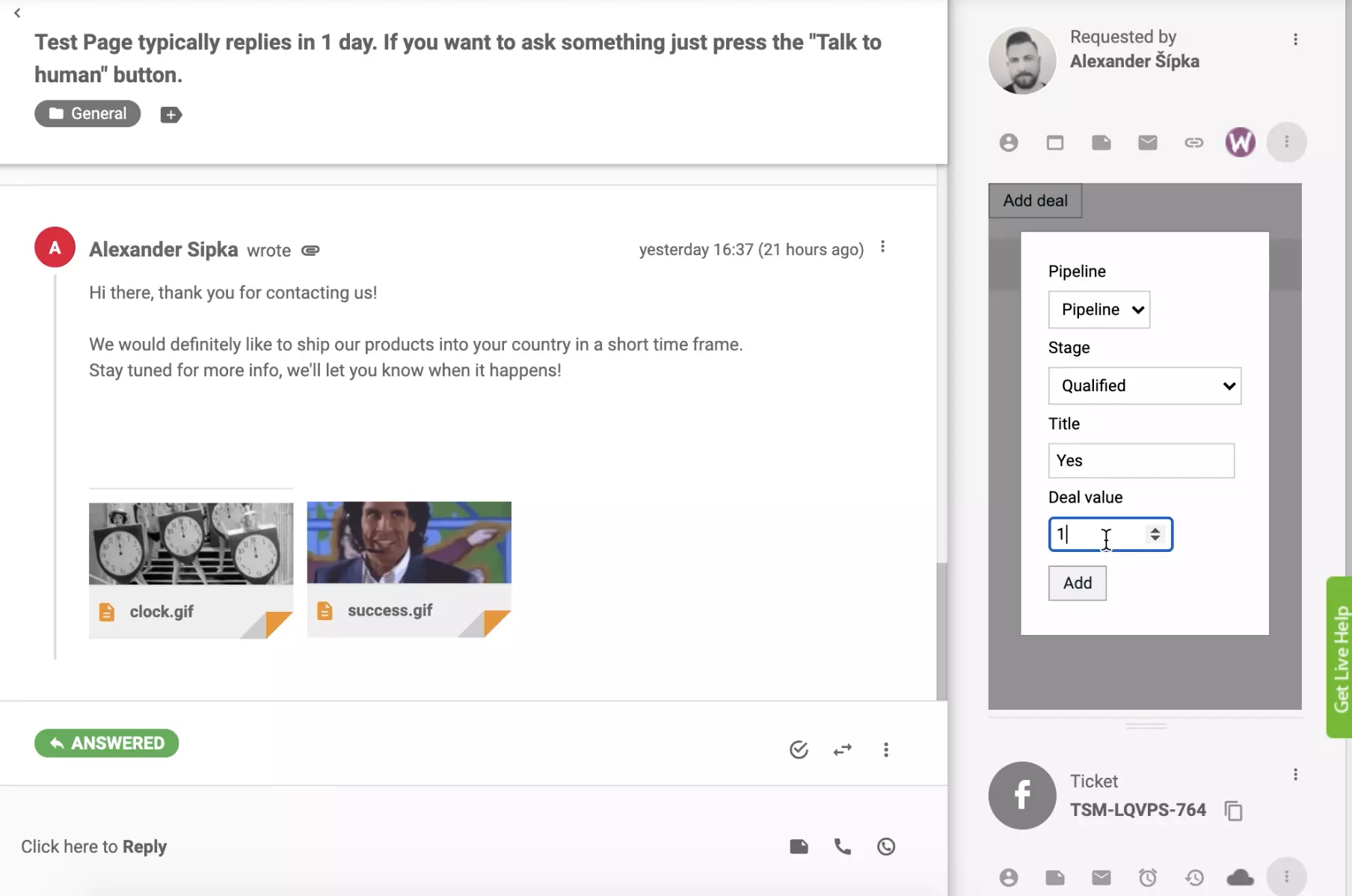Lägg till en affär med PipeDrive CRM-integration i LiveAgent ticketvy