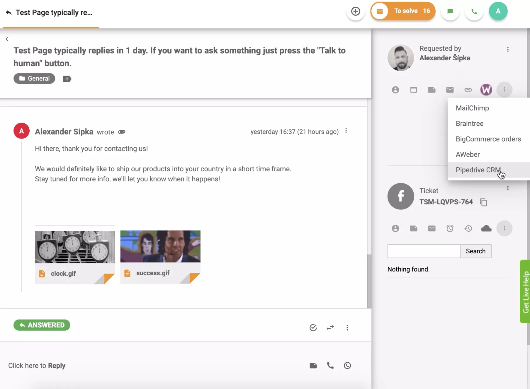 PipeDrive CRM är aktiv i LiveAgent ticketvy