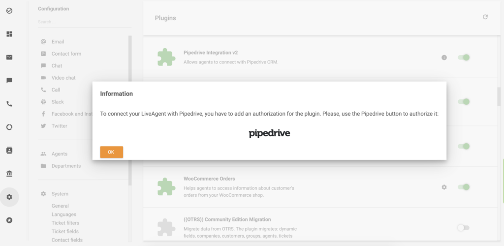 Klicka på PipeDrive-logotypen för att fortsätta med PipeDrive-integrationen för LiveAgent