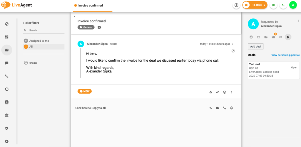 PipeDrive affär i LiveAgent