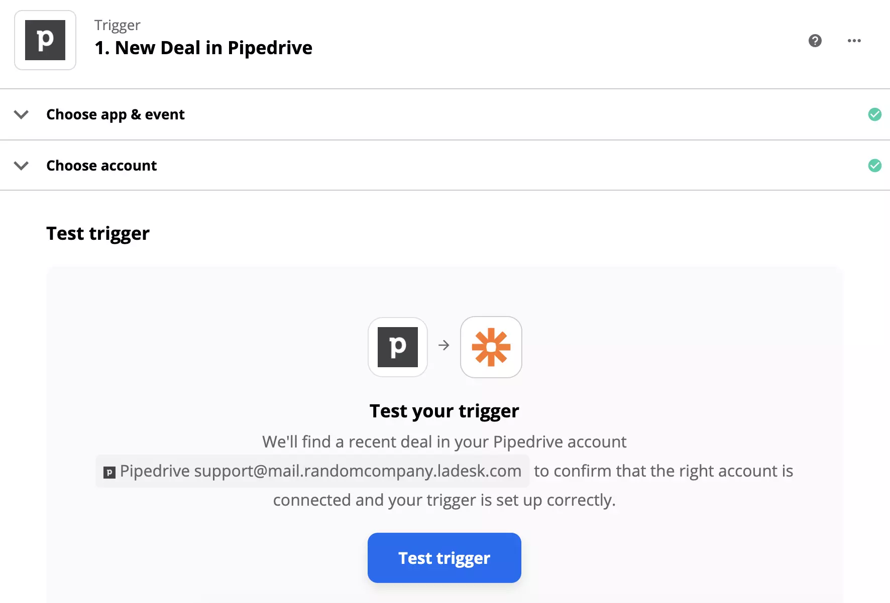 PipeDrive-triggertest efter inställning av triggern på Zapier