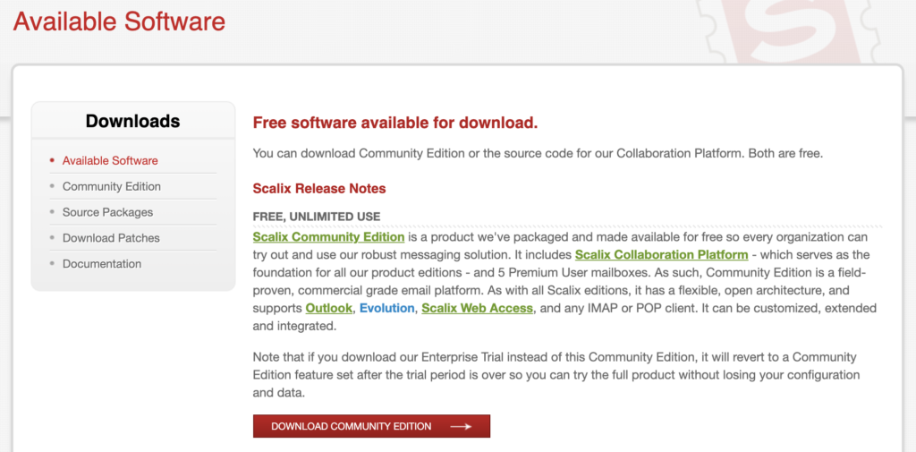 Scalix webbplats med tillgängliga nedladdningar och utgåveinformation