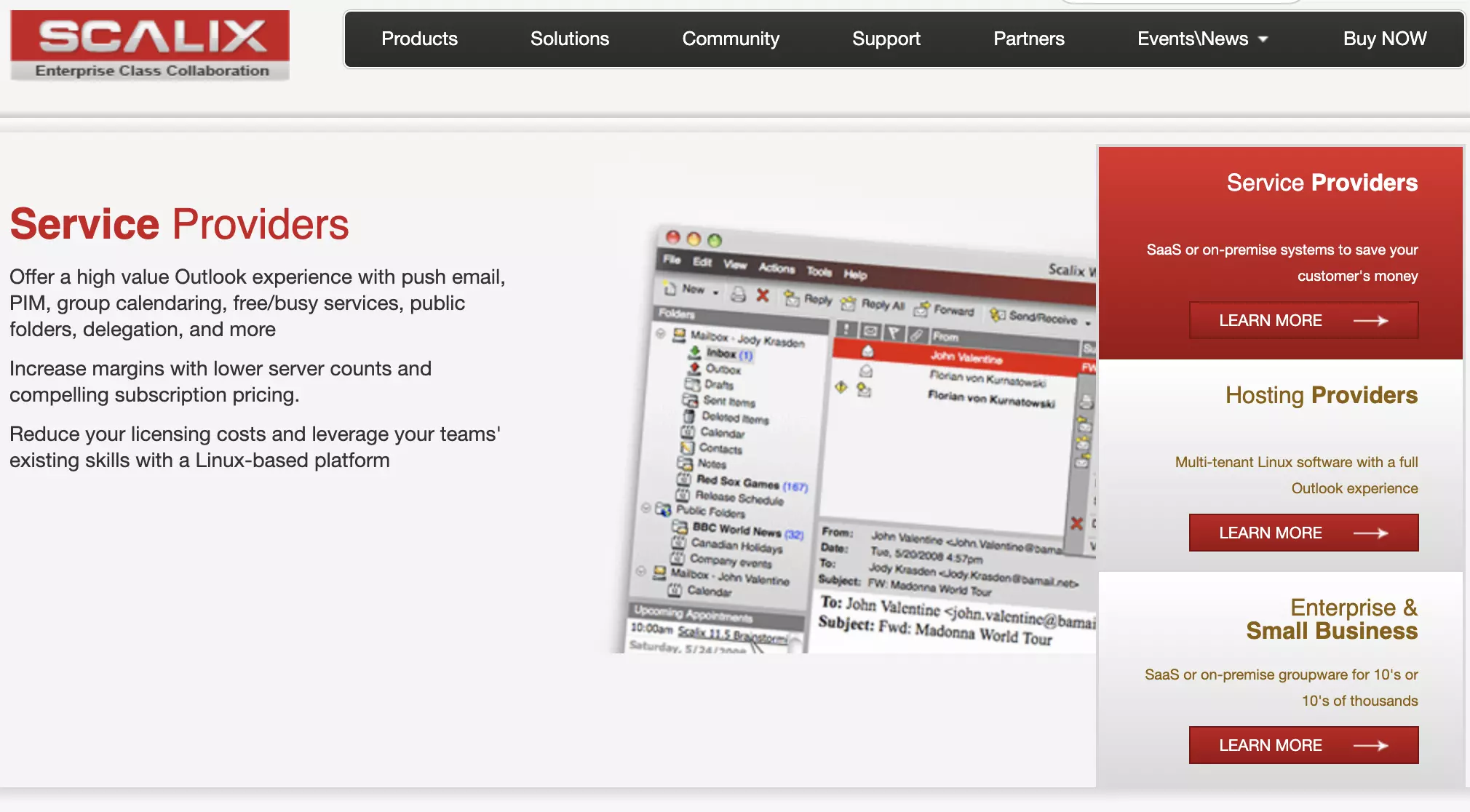 Scalix startsida med listade funktioner och information