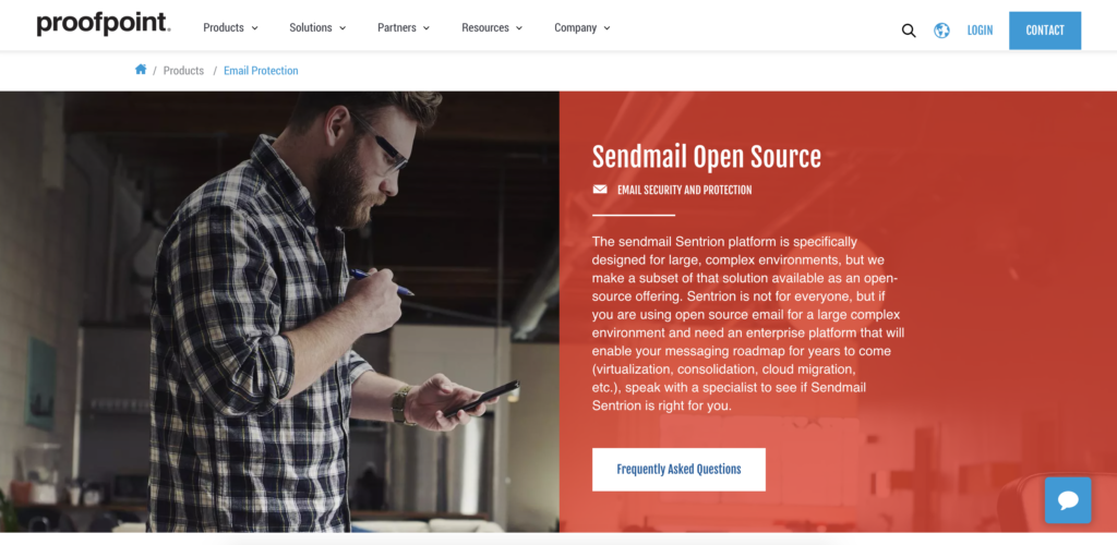 Sendmail startsida med nedladdningsalternativ och information