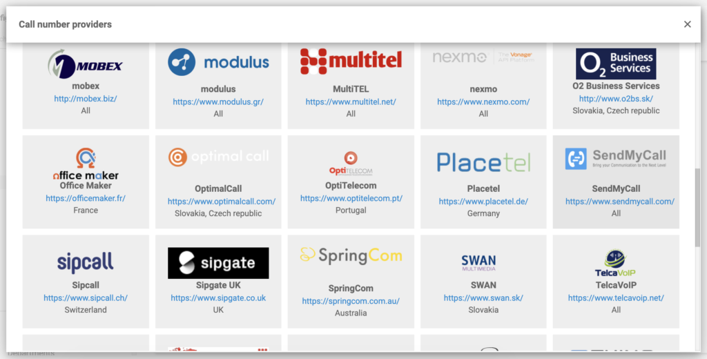 SendMyCall i listan över VoIP-leverantörer i LiveAgent-konfiguration