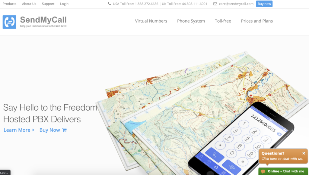 SendMyCall hemsida med knappen Köp nu längst upp till höger