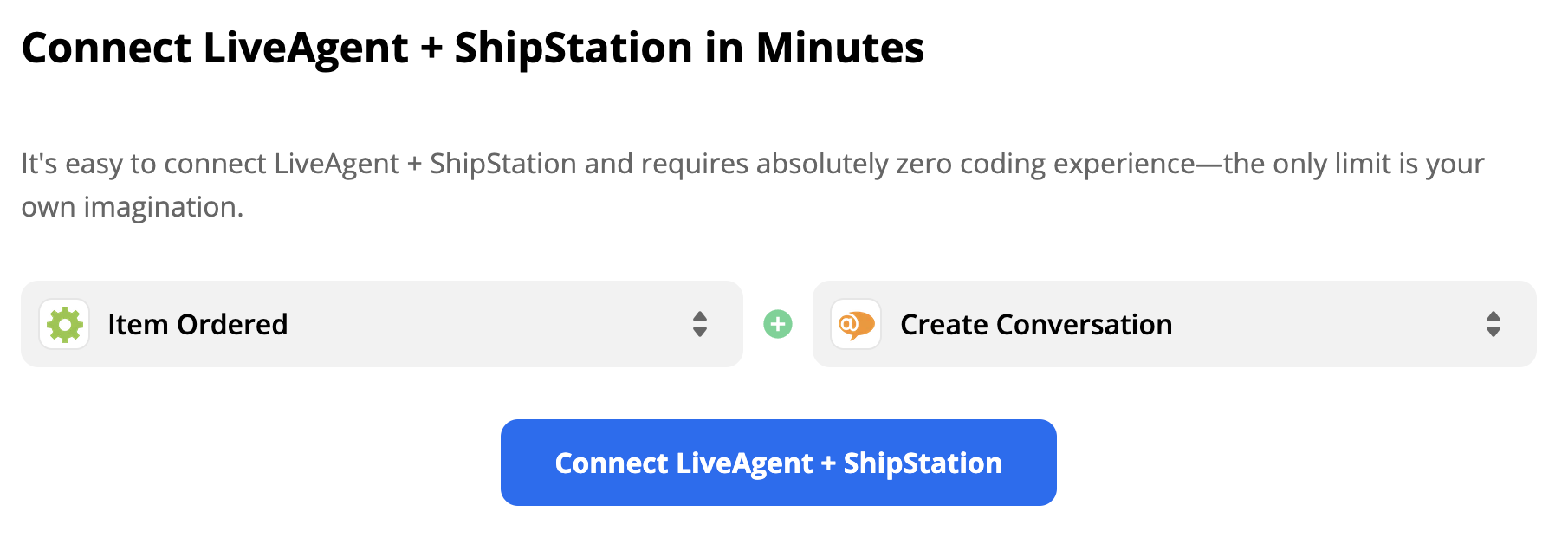 En ShipStation-utlösare Item Ordered och en LiveAgent-åtgärd Create Conversation i Zapier-integrationsval