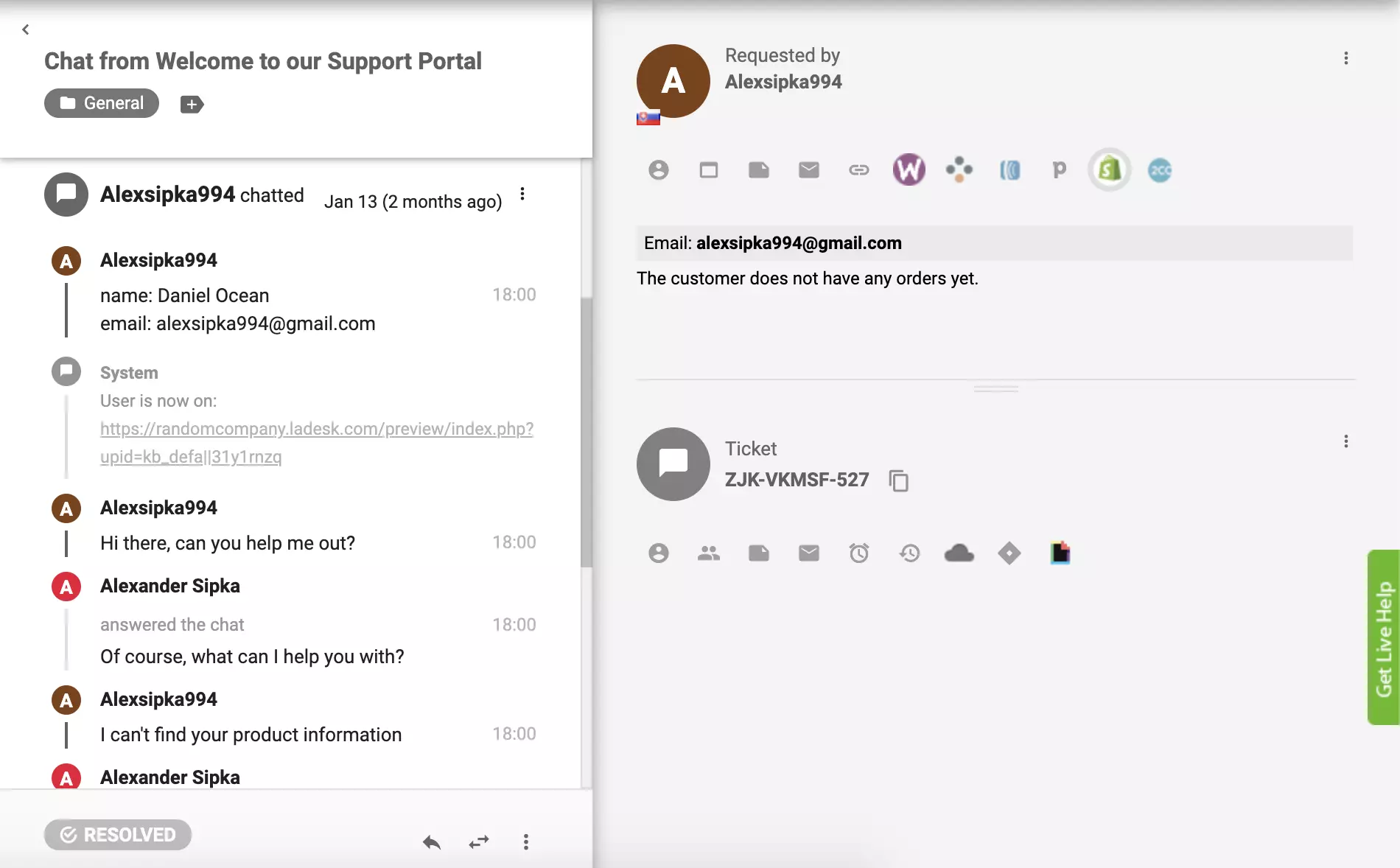 Shopify plugin is active in LiveAgent and customer orders can be visible from ticket view