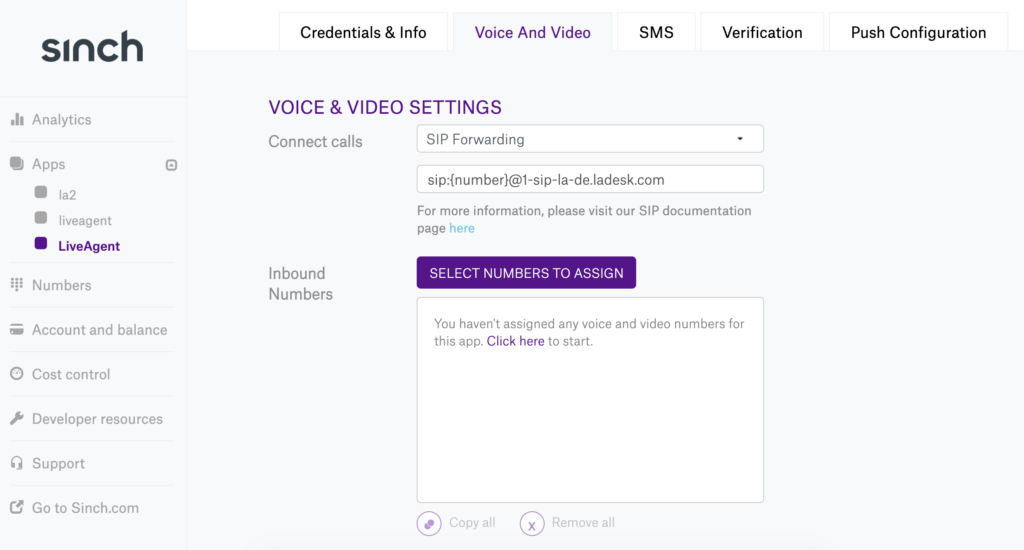 Sinch voice and video settings in new app configuration with SIP forwarding selected
