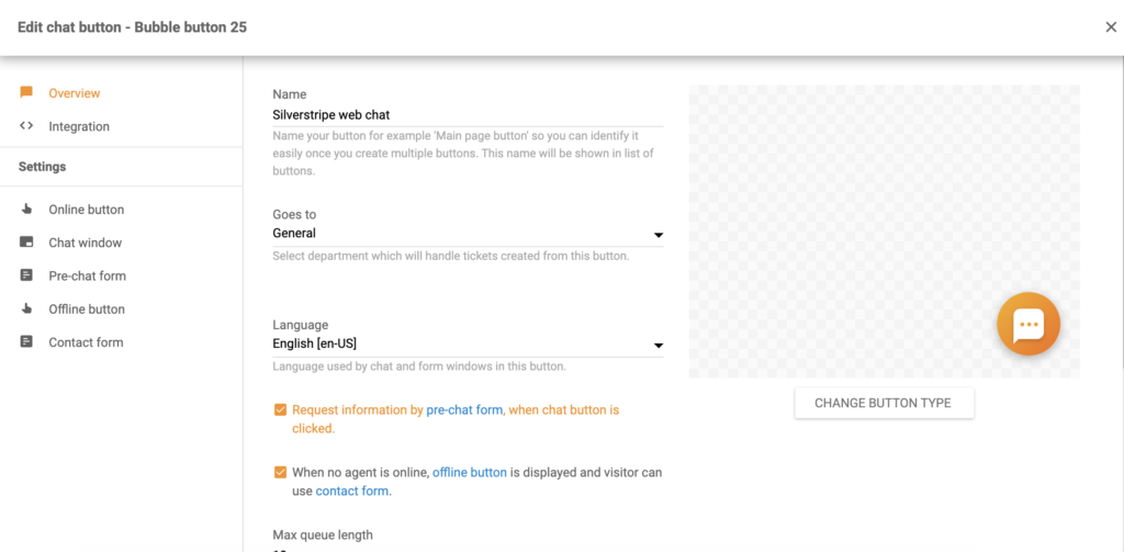 Silverstripe chattknappskonfiguration i LiveAgent