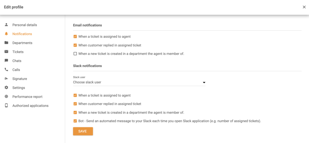 Alternativen för Slack-notifieringar i Redigera profil-sektionen