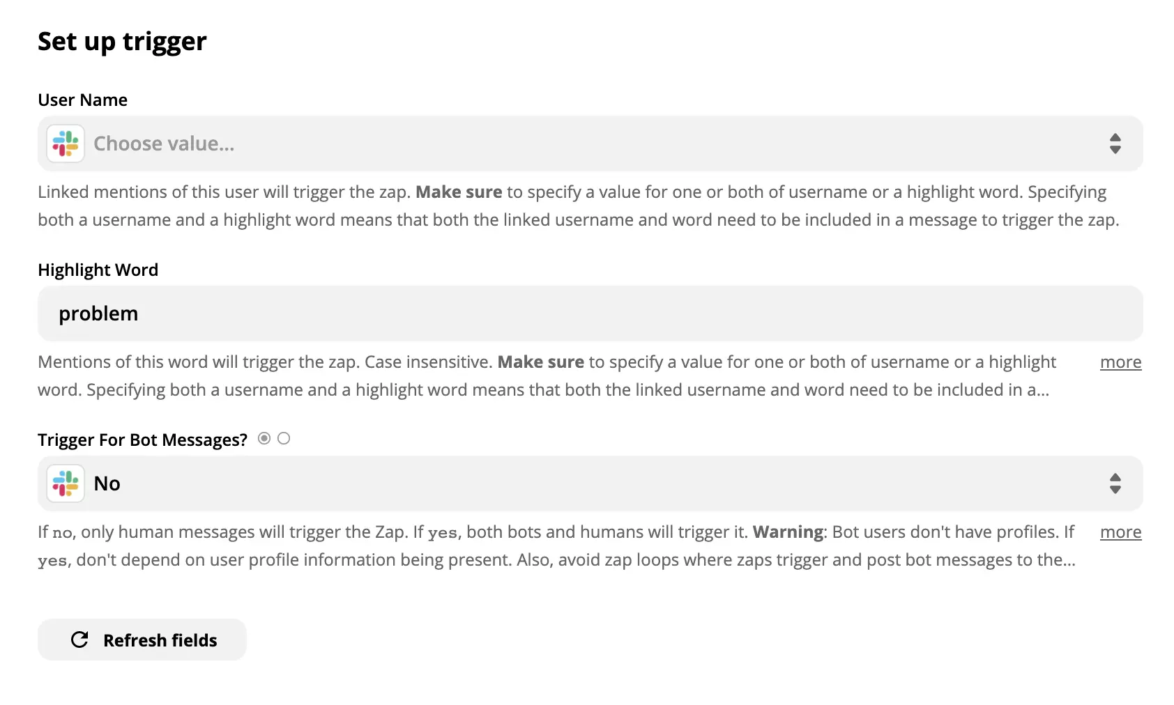 Demonstration av en Slack-utlösarinställning på Zapier