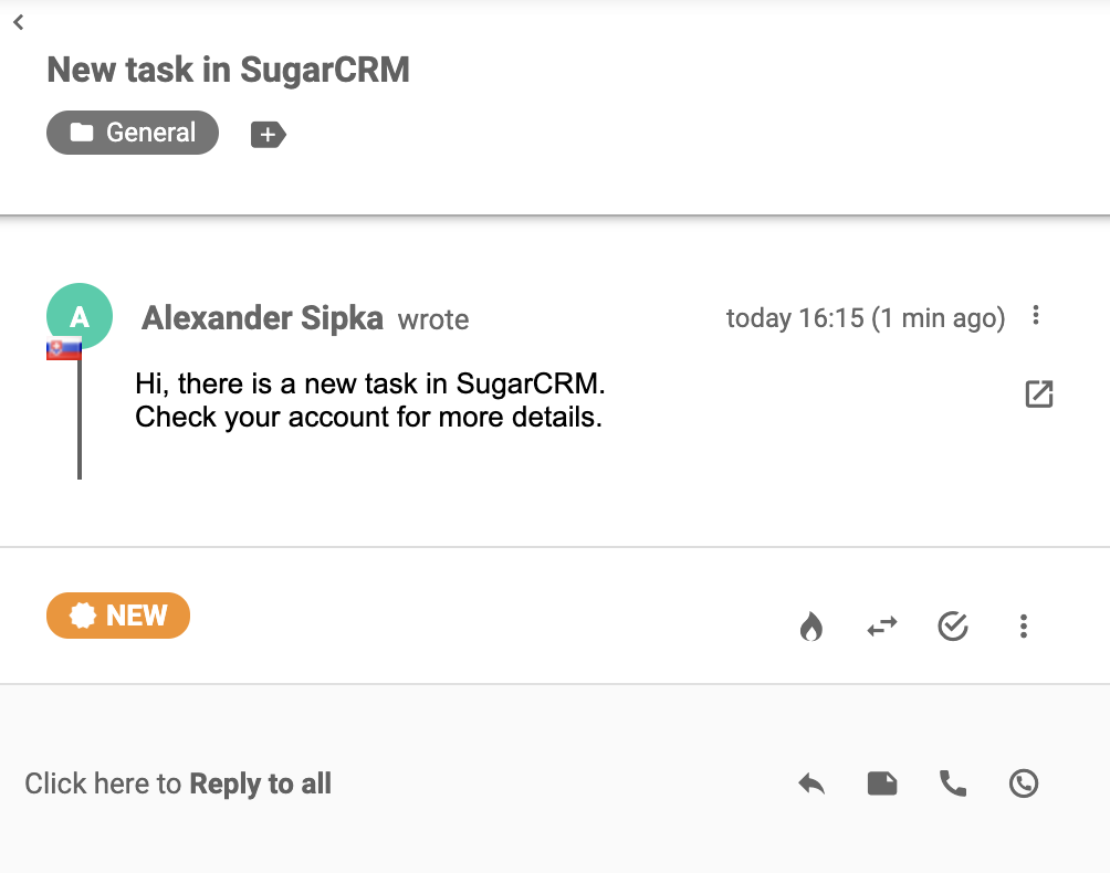 Ett ärende som kom in i LiveAgent efter lyckad integration med SugarCRM