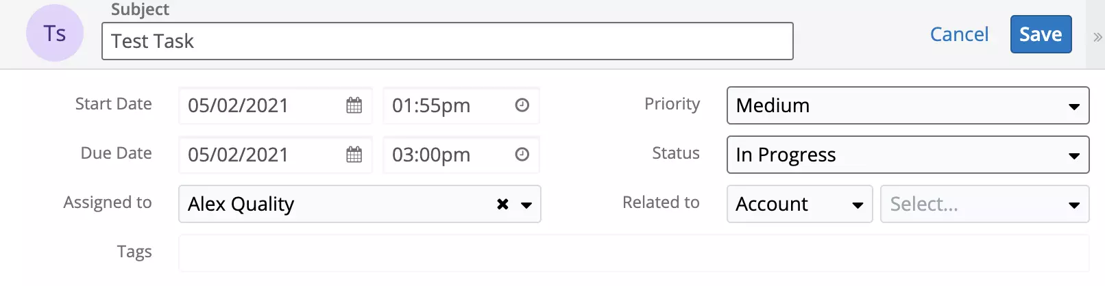 Ny uppgift har skapats i SugarCRM